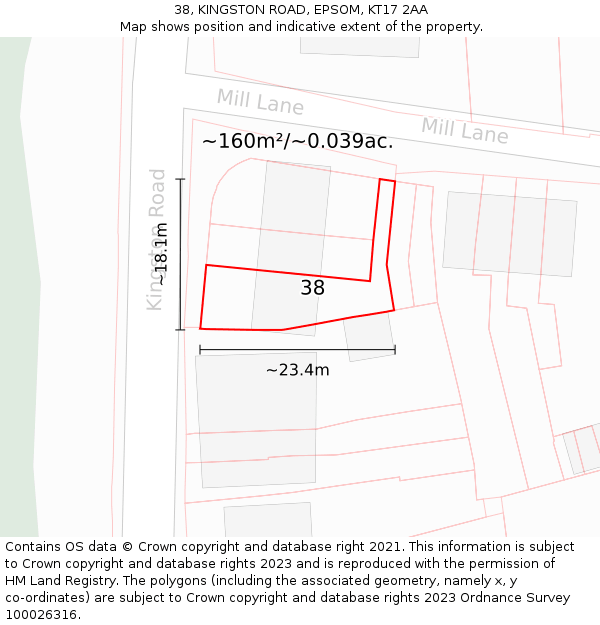 38, KINGSTON ROAD, EPSOM, KT17 2AA: Plot and title map