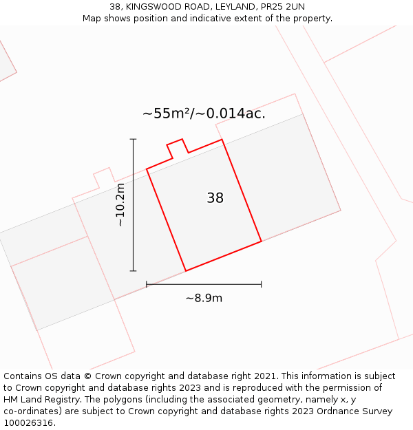 38, KINGSWOOD ROAD, LEYLAND, PR25 2UN: Plot and title map