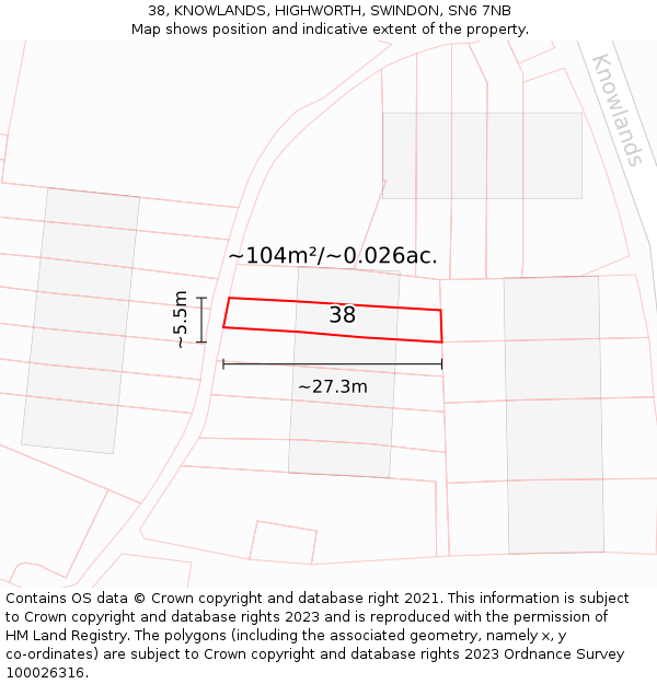 38, KNOWLANDS, HIGHWORTH, SWINDON, SN6 7NB: Plot and title map