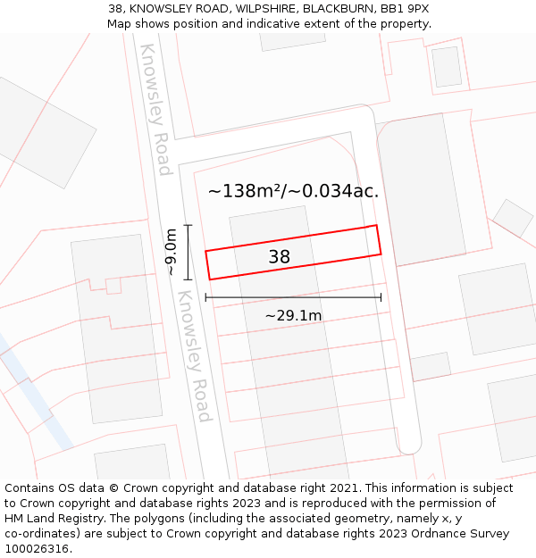 38, KNOWSLEY ROAD, WILPSHIRE, BLACKBURN, BB1 9PX: Plot and title map