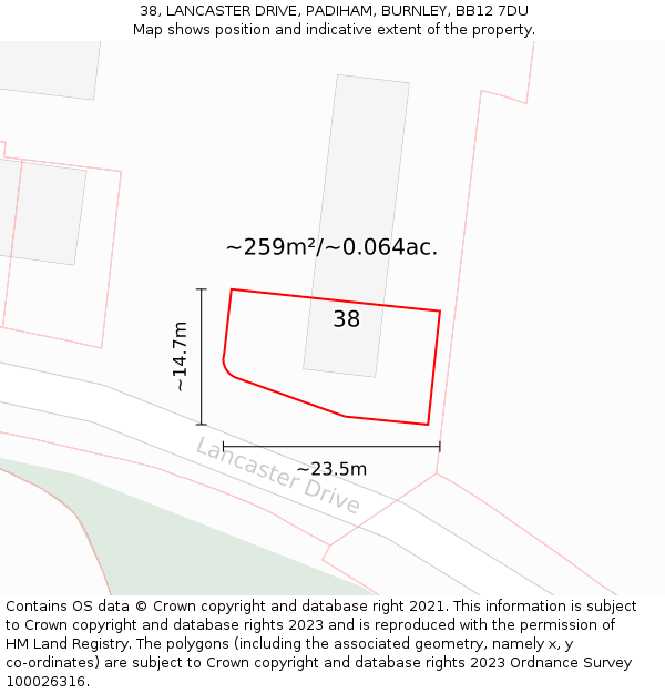 38, LANCASTER DRIVE, PADIHAM, BURNLEY, BB12 7DU: Plot and title map