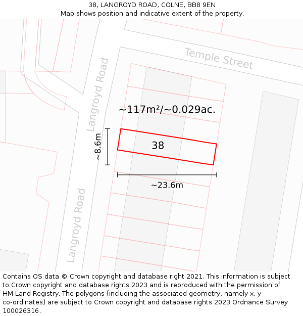 38, LANGROYD ROAD, COLNE, BB8 9EN: Plot and title map