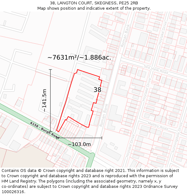 38, LANGTON COURT, SKEGNESS, PE25 2RB: Plot and title map