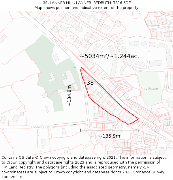 38, LANNER HILL, LANNER, REDRUTH, TR16 6DE: Plot and title map