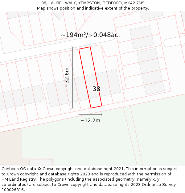 38, LAUREL WALK, KEMPSTON, BEDFORD, MK42 7NS: Plot and title map