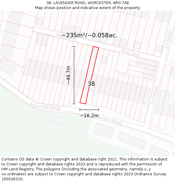 38, LAVENDER ROAD, WORCESTER, WR3 7AE: Plot and title map