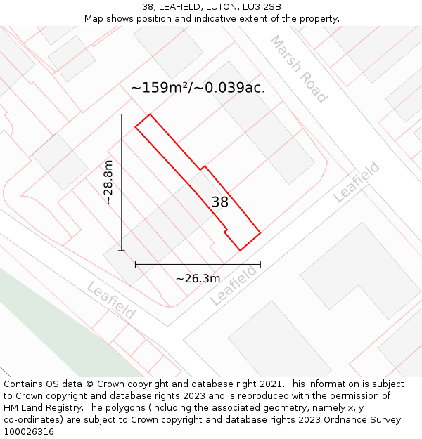 38, LEAFIELD, LUTON, LU3 2SB: Plot and title map