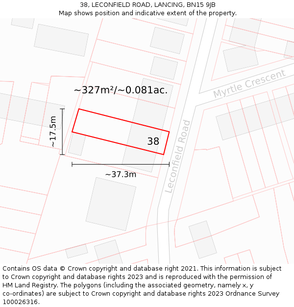 38, LECONFIELD ROAD, LANCING, BN15 9JB: Plot and title map