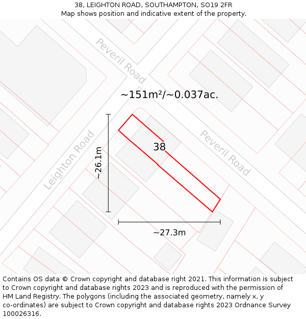 38, LEIGHTON ROAD, SOUTHAMPTON, SO19 2FR: Plot and title map