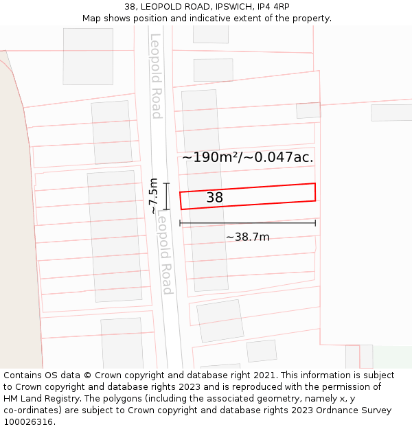 38, LEOPOLD ROAD, IPSWICH, IP4 4RP: Plot and title map