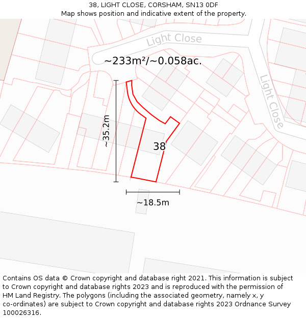 38, LIGHT CLOSE, CORSHAM, SN13 0DF: Plot and title map