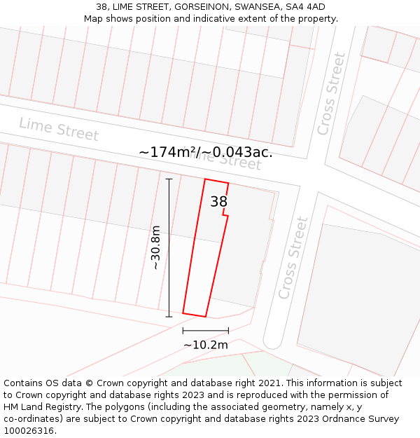 38, LIME STREET, GORSEINON, SWANSEA, SA4 4AD: Plot and title map