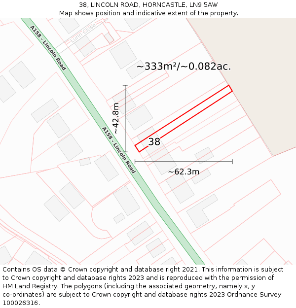 38, LINCOLN ROAD, HORNCASTLE, LN9 5AW: Plot and title map