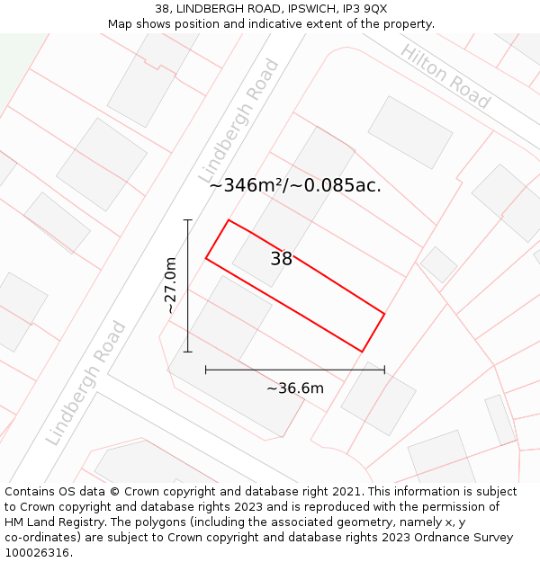 38, LINDBERGH ROAD, IPSWICH, IP3 9QX: Plot and title map