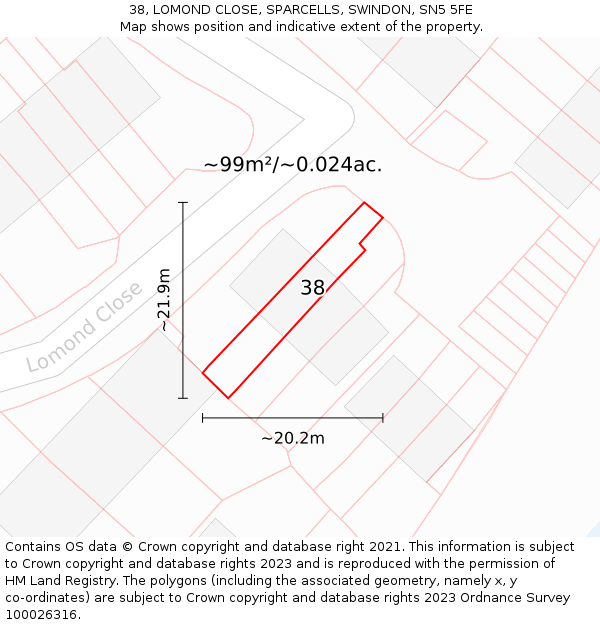 38, LOMOND CLOSE, SPARCELLS, SWINDON, SN5 5FE: Plot and title map