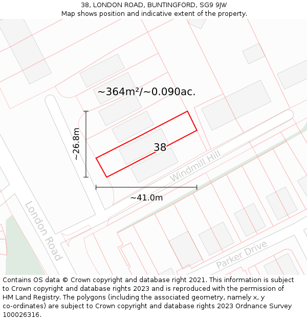 38, LONDON ROAD, BUNTINGFORD, SG9 9JW: Plot and title map
