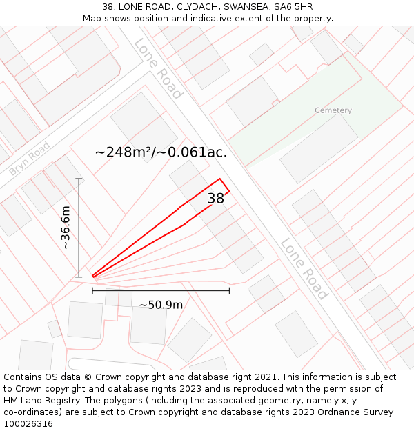 38, LONE ROAD, CLYDACH, SWANSEA, SA6 5HR: Plot and title map