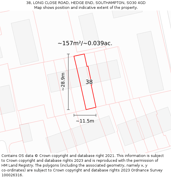 38, LONG CLOSE ROAD, HEDGE END, SOUTHAMPTON, SO30 4GD: Plot and title map