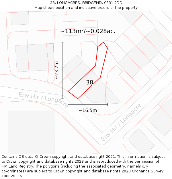 38, LONGACRES, BRIDGEND, CF31 2DD: Plot and title map
