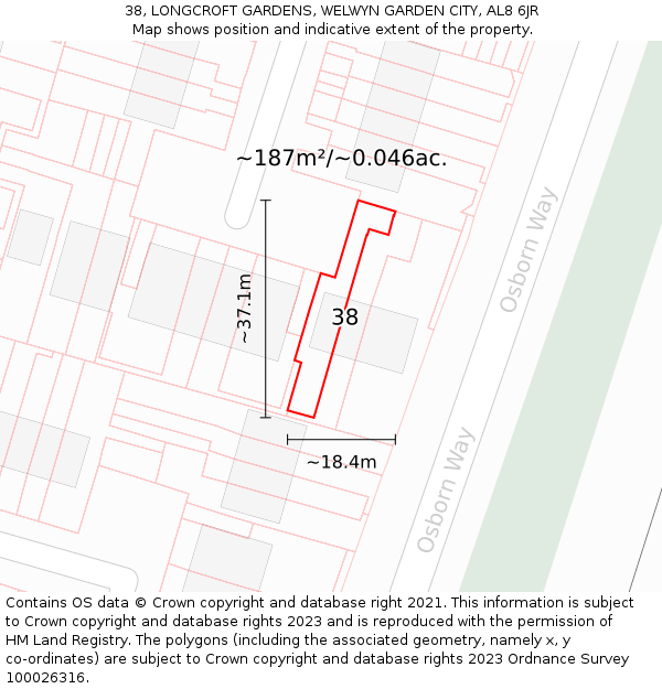 38, LONGCROFT GARDENS, WELWYN GARDEN CITY, AL8 6JR: Plot and title map