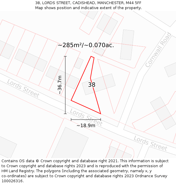 38, LORDS STREET, CADISHEAD, MANCHESTER, M44 5FF: Plot and title map