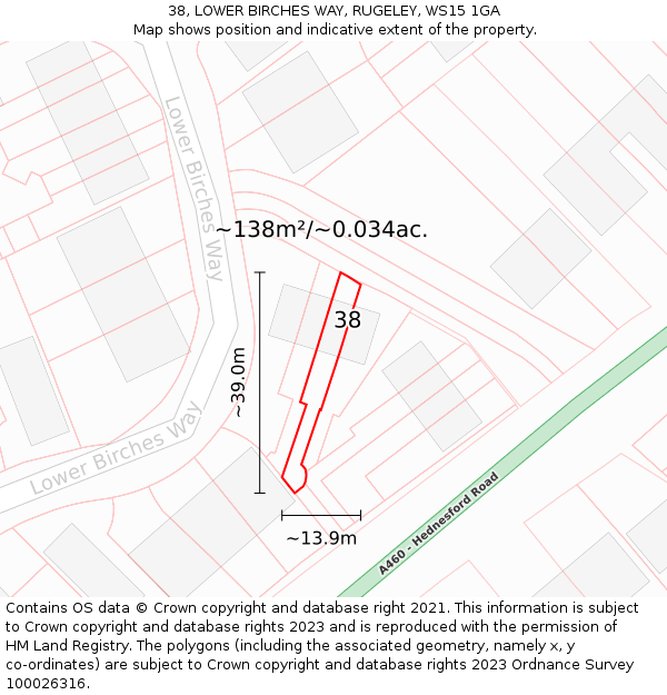 38, LOWER BIRCHES WAY, RUGELEY, WS15 1GA: Plot and title map