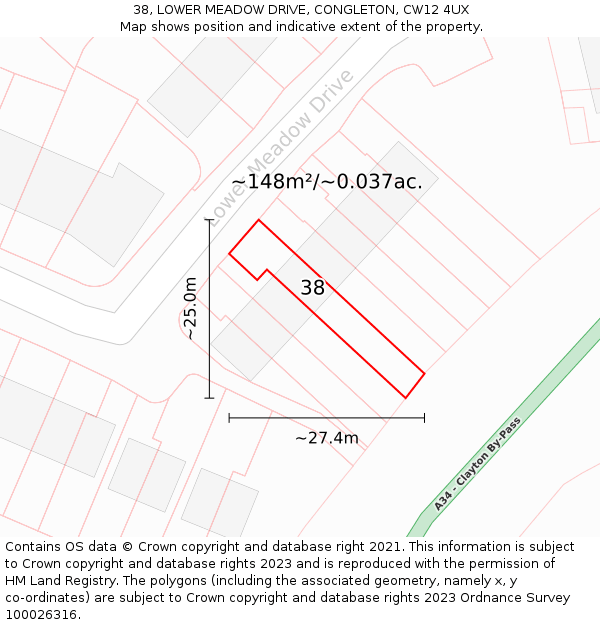 38, LOWER MEADOW DRIVE, CONGLETON, CW12 4UX: Plot and title map