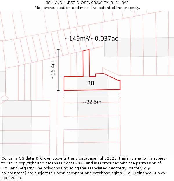 38, LYNDHURST CLOSE, CRAWLEY, RH11 8AP: Plot and title map