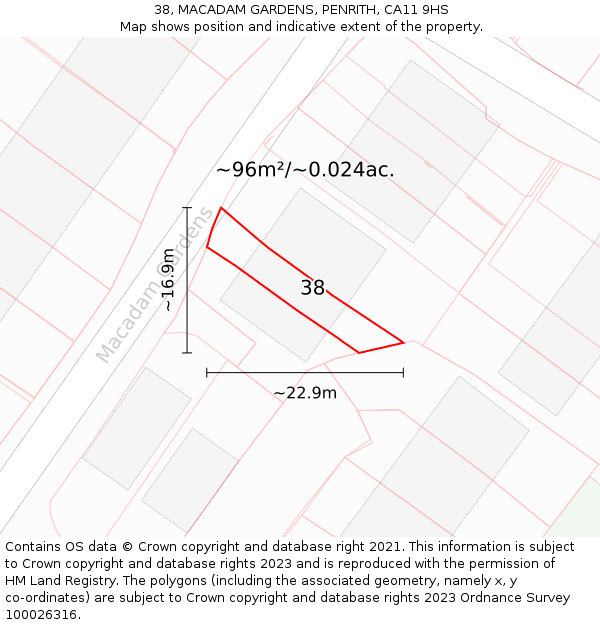 38, MACADAM GARDENS, PENRITH, CA11 9HS: Plot and title map