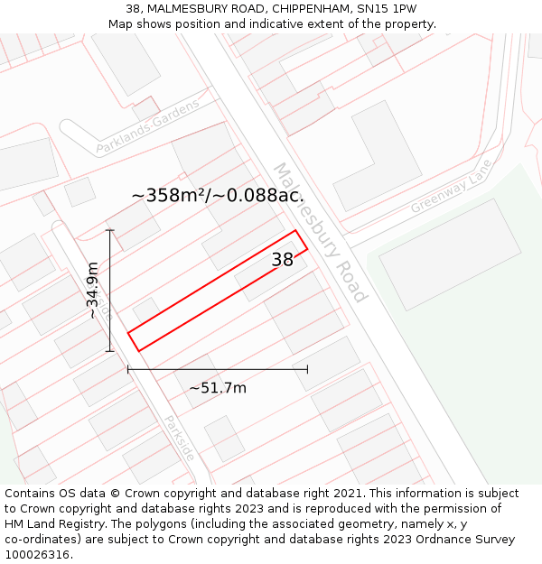 38, MALMESBURY ROAD, CHIPPENHAM, SN15 1PW: Plot and title map