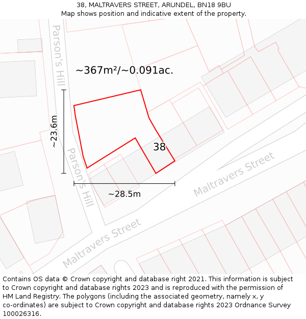 38, MALTRAVERS STREET, ARUNDEL, BN18 9BU: Plot and title map