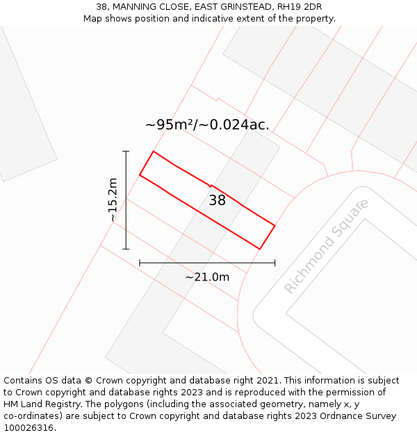 38, MANNING CLOSE, EAST GRINSTEAD, RH19 2DR: Plot and title map