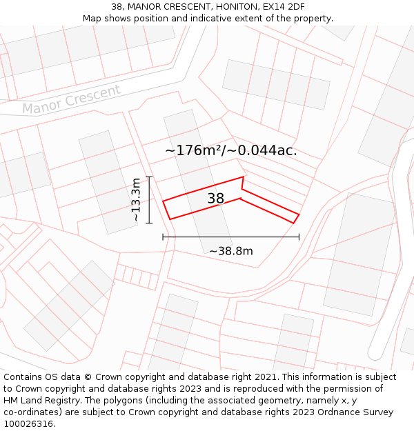 38, MANOR CRESCENT, HONITON, EX14 2DF: Plot and title map