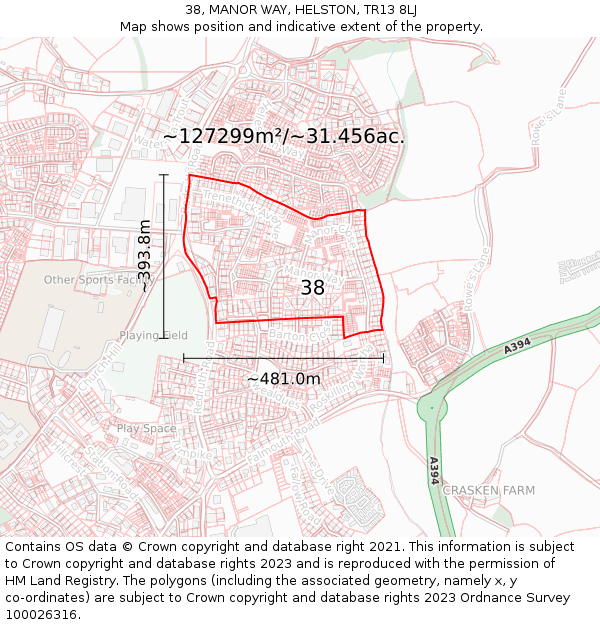 38, MANOR WAY, HELSTON, TR13 8LJ: Plot and title map