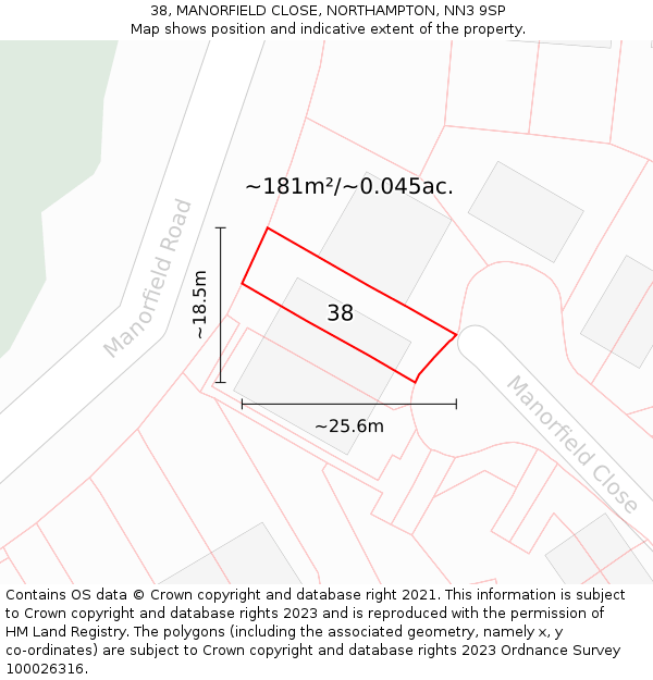 38, MANORFIELD CLOSE, NORTHAMPTON, NN3 9SP: Plot and title map