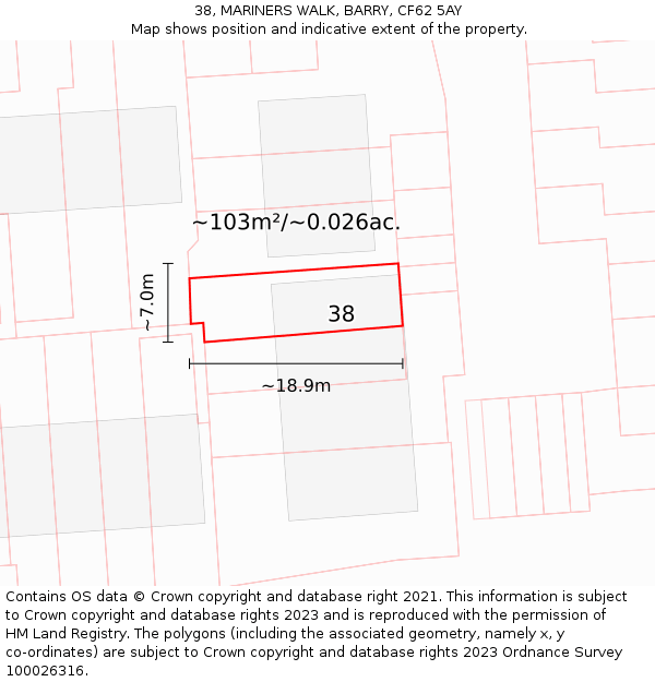 38, MARINERS WALK, BARRY, CF62 5AY: Plot and title map