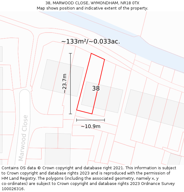 38, MARWOOD CLOSE, WYMONDHAM, NR18 0TX: Plot and title map