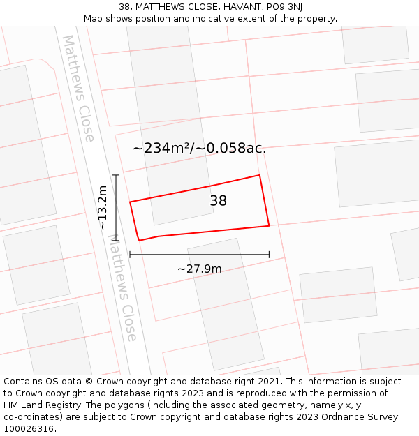 38, MATTHEWS CLOSE, HAVANT, PO9 3NJ: Plot and title map