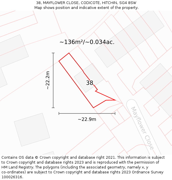 38, MAYFLOWER CLOSE, CODICOTE, HITCHIN, SG4 8SW: Plot and title map