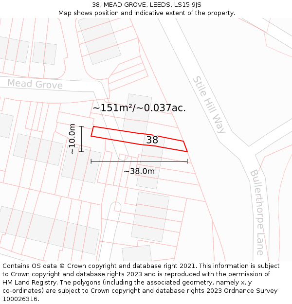38, MEAD GROVE, LEEDS, LS15 9JS: Plot and title map