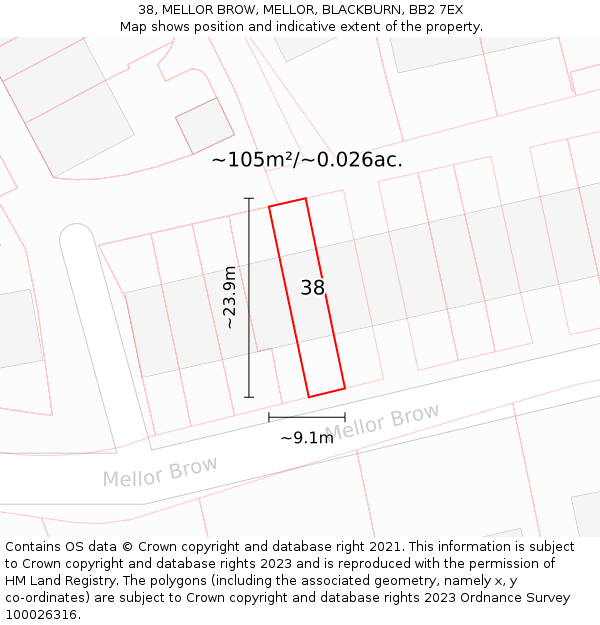 38, MELLOR BROW, MELLOR, BLACKBURN, BB2 7EX: Plot and title map