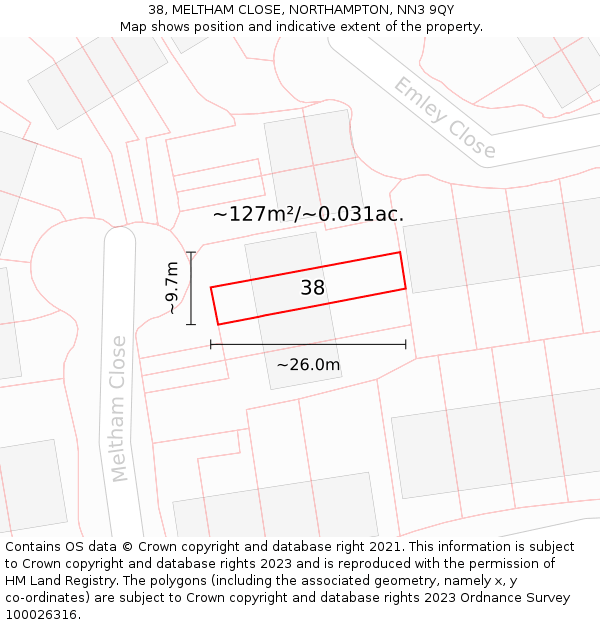 38, MELTHAM CLOSE, NORTHAMPTON, NN3 9QY: Plot and title map