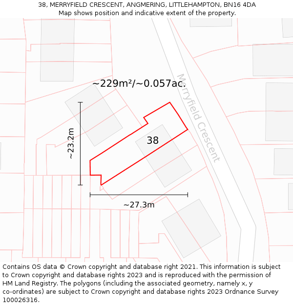 38, MERRYFIELD CRESCENT, ANGMERING, LITTLEHAMPTON, BN16 4DA: Plot and title map