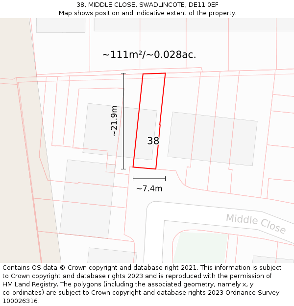 38, MIDDLE CLOSE, SWADLINCOTE, DE11 0EF: Plot and title map