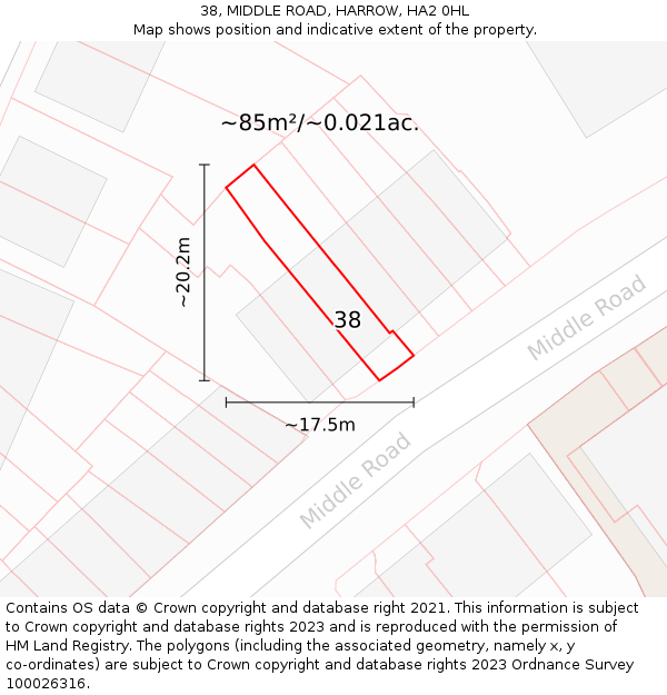 38, MIDDLE ROAD, HARROW, HA2 0HL: Plot and title map