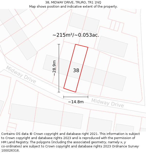 38, MIDWAY DRIVE, TRURO, TR1 1NQ: Plot and title map