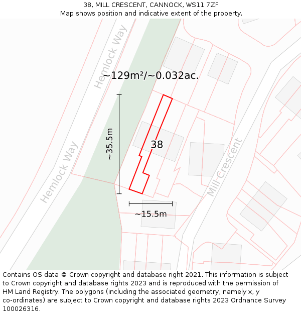 38, MILL CRESCENT, CANNOCK, WS11 7ZF: Plot and title map