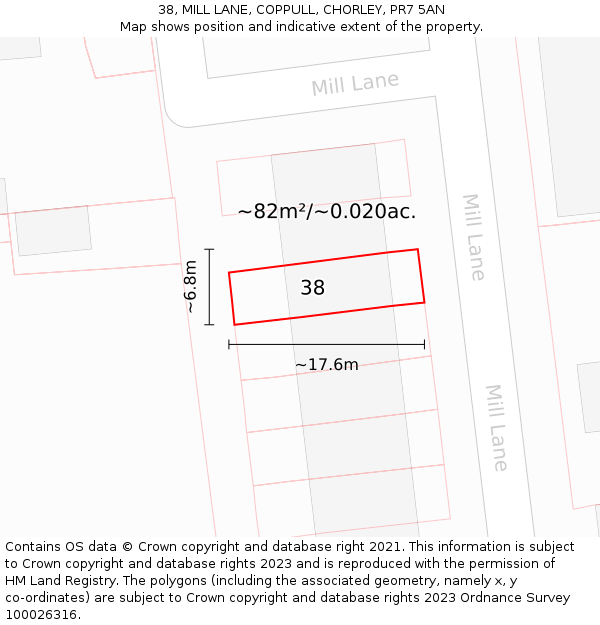 38, MILL LANE, COPPULL, CHORLEY, PR7 5AN: Plot and title map