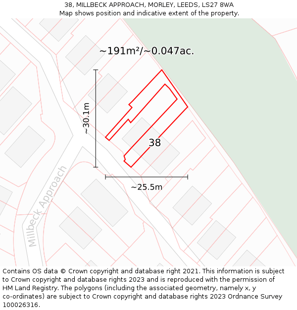 38, MILLBECK APPROACH, MORLEY, LEEDS, LS27 8WA: Plot and title map