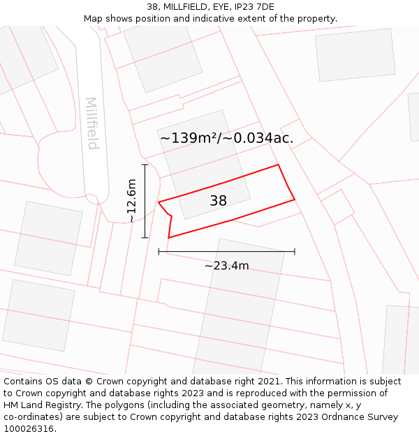 38, MILLFIELD, EYE, IP23 7DE: Plot and title map